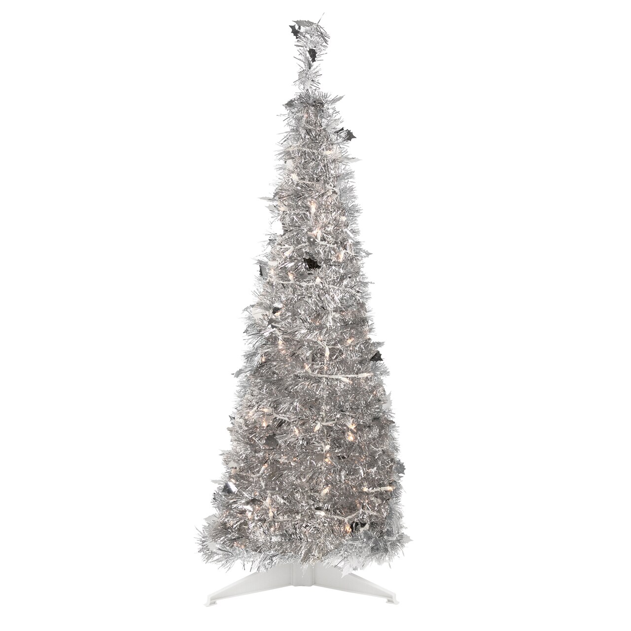 Northlight 4&#x27; Pre-Lit Silver Tinsel Pop-Up Artificial Christmas Tree, Clear Lights